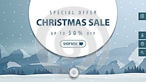 Special offer, Christmas sale, up to 50% off, discount banner for website with gray and blue winter landscape on background