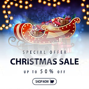 Special offer, Christmas sale, up to 50% off, square discount banner with blue blurred background, frame of garland.