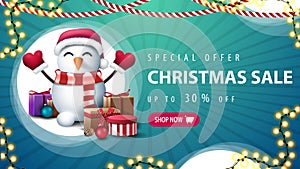 Special offer, Christmas sale, up to 30% off, green horizontal banner with garlands, white big circle, pink button and snowman.