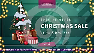 Special offer, Christmas sale, up to 50% off, green horizontal discount banner with button, frame garland and Christmas tree.