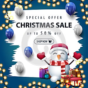 Special offer, Christmas sale, up to 50% off, white and blue discount banner with white, large brush strokes, balloons, garland
