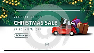 Special offer, Christmas sale, up to 50% off, white and green discount banner with button, frame of Christmas tree, garland.