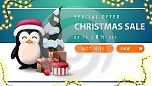 Special offer, Christmas sale, up to 50% off, white and green discount banner with button, garland, horizontal stripe and penguin