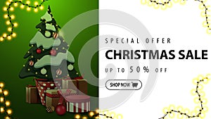 Special offer, Christmas sale, up to 50% off, white and green horizontal discount banner with button, green tinted.