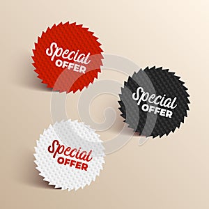 Special offer color banners. Black, red and white colored special offer icons.