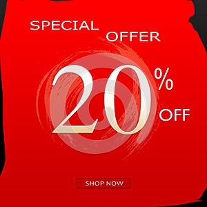 Special Offer Discount Banner With 20% Off Design & shop now Button On Red Background