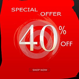 Special Offer Discount Banner With 40% Off Design & shop now Button On Red Background