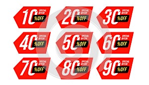 Special offer discount label with different sale percentage. 10, 20, 30, 40, 50, 60, 70, 80, 90 percent off price reduction badge