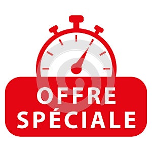 Special offer in french. Red vector icon with chronometer.