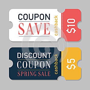 Special offer gift coupon template to save money. Monetary voucher with 5, 10 dollar discount for shopping vector