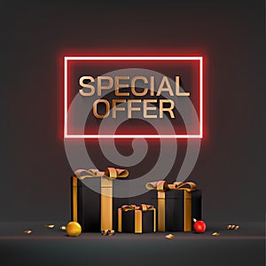 Special offer. Red black friday gift, sale web banner. Christmas shopping discount day, premium elegant xmas logo. Neon