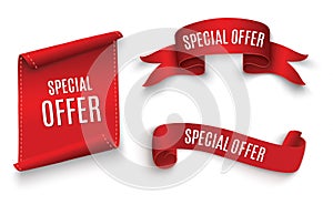 Special offer ribbon.Red scroll. Banner sale tag. Market special offer discount