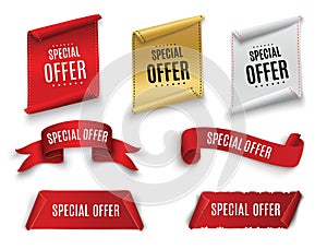 Special offer ribbon.Red scroll. Banner sale tag. Market special offer discount