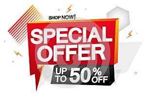 Special offer, sale 50% off tag, speech bubble banner design template, discount tag, app icon, vector illustration