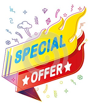 Special offer sale banner in flaming hot background with colorful doodle design in white background.