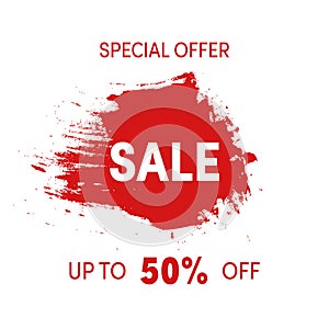 Special offer, sale sign grunge design. Shopping sticker red ink spot isolated. Up to 50 percent off label