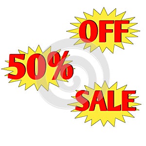 Special 50 percentage offer sale tag starbrust for seles and promotion isolated 3d. Discount sticker yellow and red.