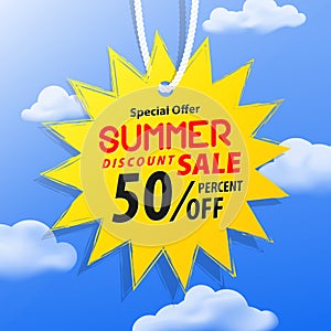 Special offer Summer discount sale 50 percent off  promotion website banner heading design on price tag yellow sun shape on the