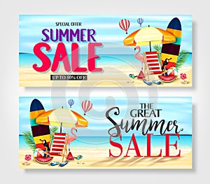 Special Offer Summer Sale Banners with Palm Tree Leaves, Flowers, Watermelon, Sunglasses
