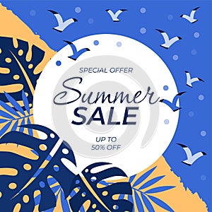 Special offer, summer sale. Colourful and vibrant tropical border design with flowers, palm leaves and birds. Vector