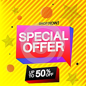 Special Offer, up to 50% off, sale speech bubble banner, discount tag design template, vector illustration