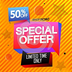 Special Offer, up to 50% off, sale speech bubble banner, discount tag design template, vector illustration