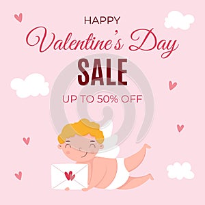 Special offer Valentine's Day banner template. Cute cupid with envelope. Template for social media, poster, banner