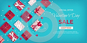 Special offer Valentine`s Day Sale. Discount flyer, big seasonal sale. Horizontal Web Banner with many holiday gift Boxes
