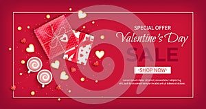 Special offer Valentine`s Day Sale. Discount flyer, big seasonal sale. Horizontal Web Banner with holiday gift Boxes in red