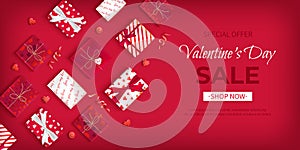 Special offer Valentine`s Day Sale. Discount flyer, big seasonal sale. Horizontal Web Banner with holiday gift Boxes