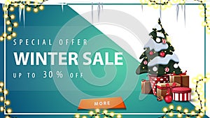 Special offer, winter sale, up to 50% off, blue and white discount banner with orange button, icicles, garland and Christmas tree