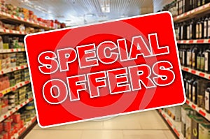 Special offers red label on an abstract Supermarket background photo