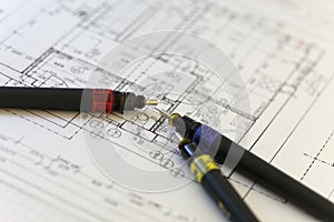 Special pens for architect on an architect plan