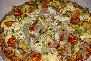 Special pizza with green bell pepper, olives, onion, mushrooms