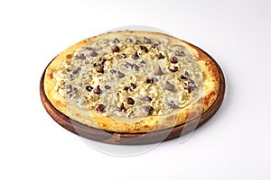 Special pizza on wooden board  on white background