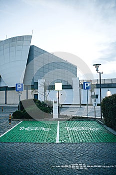 A special place for charging electric cars or vehicles in Lisbon in Portugal. A modern and eco-friendly mode of