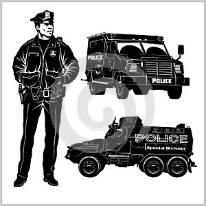 Special Police Cars and Police man - pickup truck and armored car - vector set isolated on white