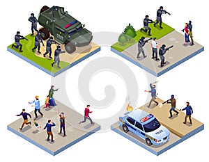 Special Police Forces Antiterror Armor Vehicle and Terrorists 2x2 illustration isometric icons on isolated background