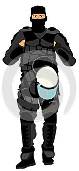 Special policeman officer with face mask on duty vector illustration isolated. Police man in protect uniform and shield