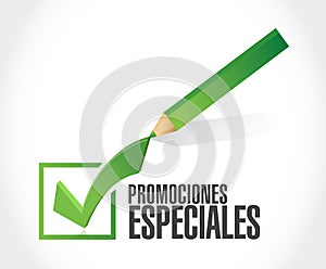 special promotions in Spanish check mark sign