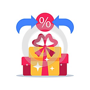 Special reward, prize giveaway, loyalty present, percentage sign, incentive or perks, bonus program