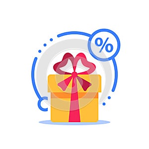 Special reward, prize giveaway, loyalty present, percentage sign, incentive or perks, bonus program