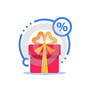 Special reward, prize giveaway, loyalty present, percentage sign, incentive or perks, bonus program