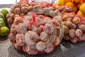 Special small tasty potatoes papas negras, main ingredient of cuisine on Canary islands,Spain,  cooked with a lot of salt and