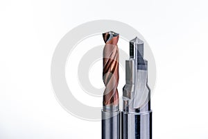 Special tools isolated on white background. Coated step drill and reamer detail. HSS cemented carbide. Carbide cutting tool