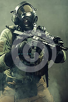 Special unit soldier with gasmask photo