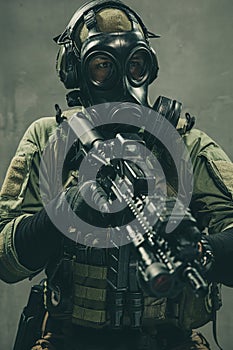 Special unit soldier with gasmask and tactical equipment photo