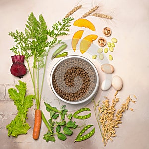 Special vegetarian pet food and natural raw ingredients on light grey background. Flat lay.