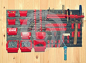 Special wall shelf for various tools.