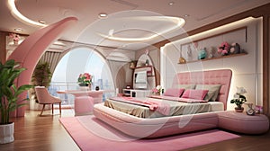 A special well detailed bedroom with pink collections, sofa set, roof, sealing, LED screen